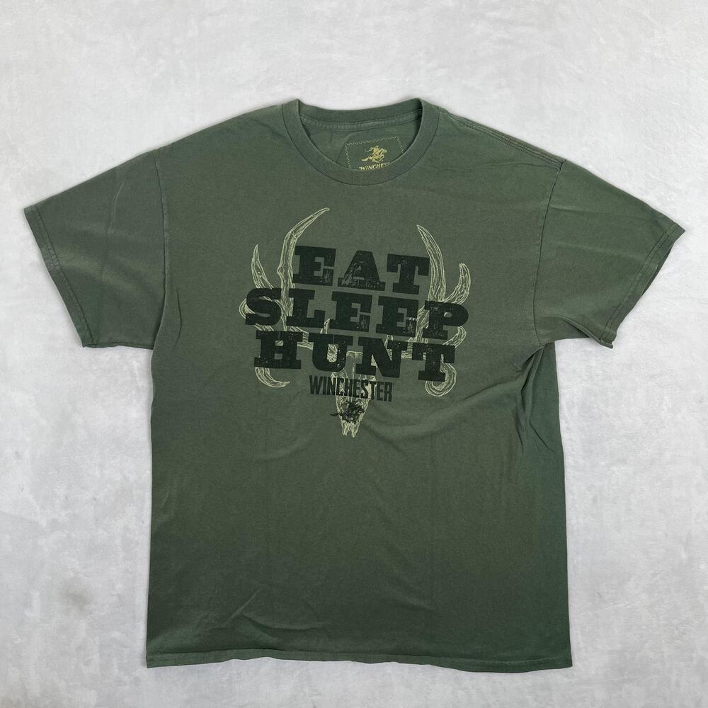Winchester Eat Sleep Hunt T-Shirt Mens Large Green Deer Antlers Hunting
